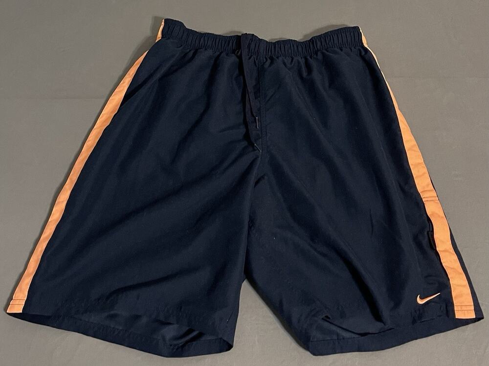 Nike Navy Orange Stripe Swim Trunks Shorts XL Athletic Board Shorts Great Cond